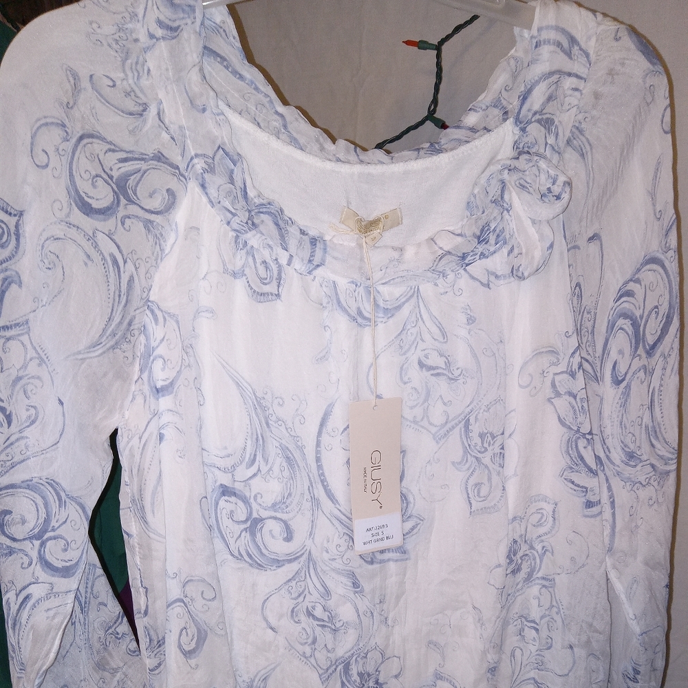 Giusy Shirt Womens Small White Blue Floral 100% Silk Boho Italy Top Sheer LIned